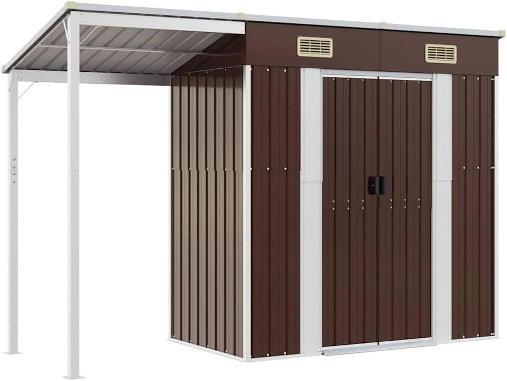 Abri De Jardin Acier Galvanisé Avec Toit Prolongé Marron Clair 277x107x181 Cm, Rangement Extérieur Pour Outils Et Mobilier, Porte Avec Poignées Et 2 Bouches D'aération