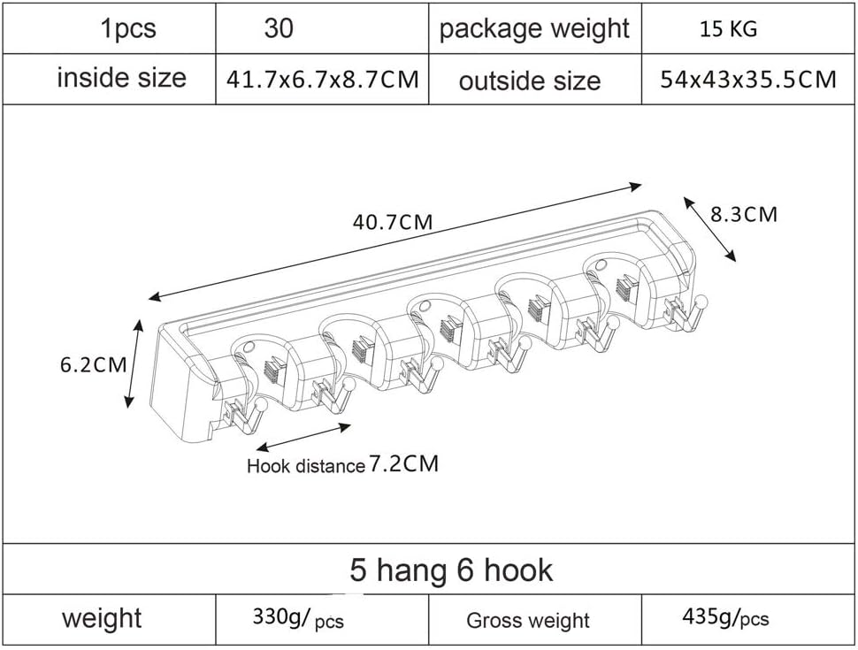 Mop Holder Wall Mounted Mop Holder Broom Garden Tools Storage Hooks Garage Storage 5 Position And 6 Hooks For Home Kitchen Garden (White, 5 Positions)