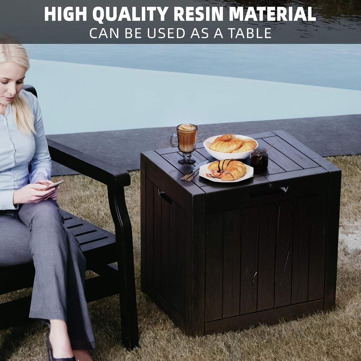 GENERIC Coffre De Rangement Extérieur De 35 Gallons, En Résine De Haute Qualité Avec Grain De Bois Réaliste, Grande Capacité Et Résistant Aux Intempéries, Facile à Installer White