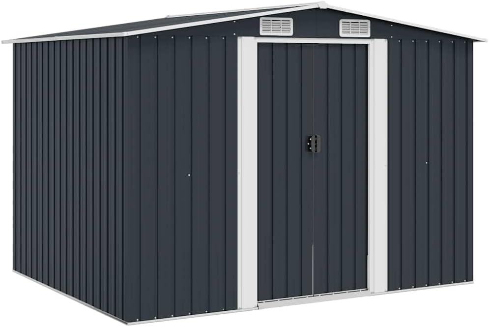  Abri De Rangement Extérieur En Métal Anthracite 257x205x178 Cm, Abri De Jardin Outillage Avec Doubles Portes Coulissantes Et 4 Aérations, Acier Galvanisé Résistant à La Corrosion