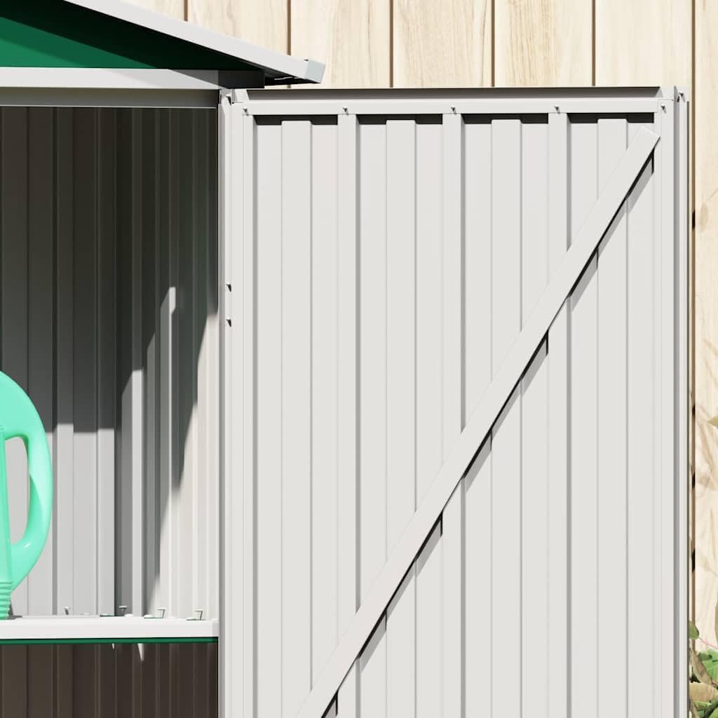  Abri De Jardin Vert En Acier Galvanisé 116 X 45 X 175 Cm Avec Double Porte Et étagère Pour Outils De Jardin, Vélo, Tondeuse, Poubelle, Rangement En Extérieur
