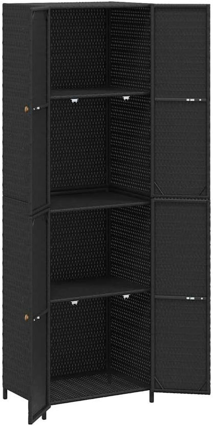  Armoire De Jardin En Polyrotin Noir 59 X 40 X 180 Cm Avec Espace De Rangement Et Casier, Résistante Aux Intempéries, Avec Poignées En Bois D'acacia Massif Et Cadre En Acier Revêtu Par