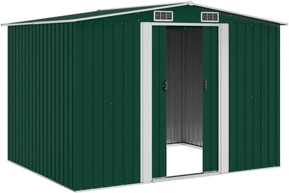 Abri De Stockage Jardin En Métal Vert 257 X 205 X 178 Cm Avec Double Porte Coulissante, Ventilation Optimale, Cadre Acier Galvanisé, Espace Rangement Outils Et Matériel Extérieur