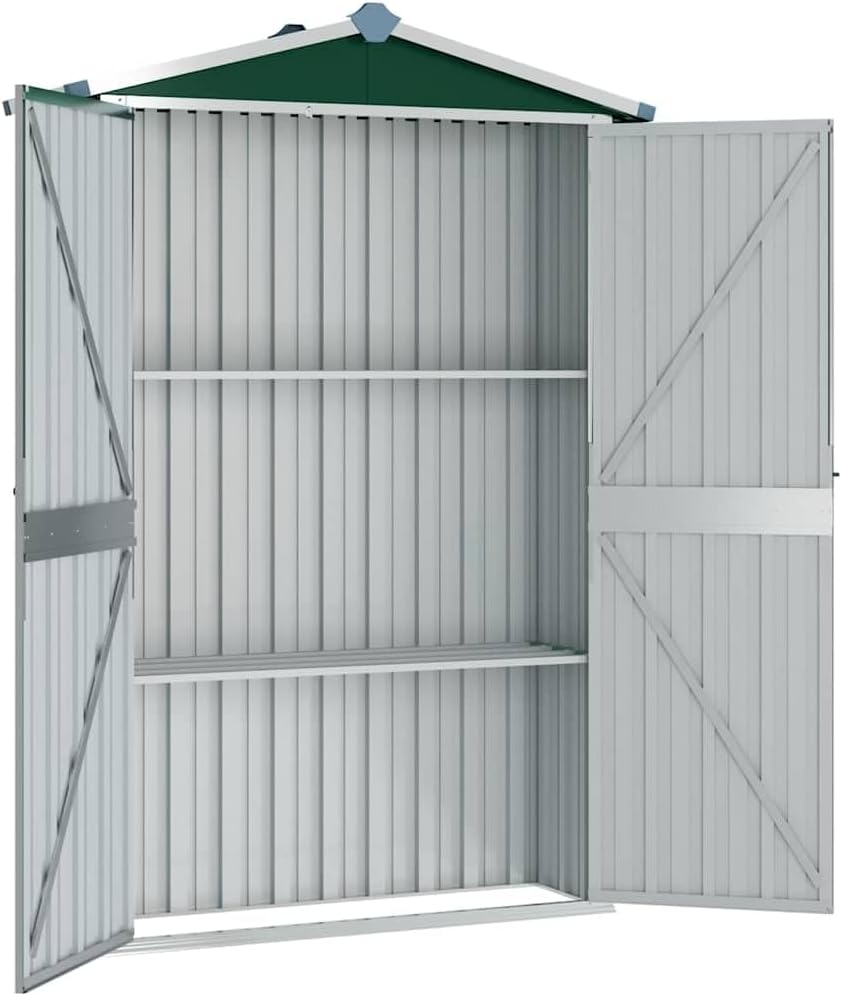 Abri De Jardin Vert En Acier Galvanisé 116 X 45 X 175 Cm Avec Double Porte Et étagère Pour Outils De Jardin, Vélo, Tondeuse, Poubelle, Rangement En Extérieur