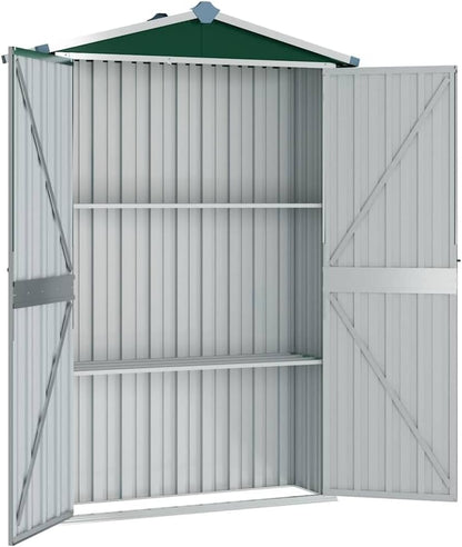  Abri De Jardin Vert En Acier Galvanisé 116 X 45 X 175 Cm Avec Double Porte Et étagère Pour Outils De Jardin, Vélo, Tondeuse, Poubelle, Rangement En Extérieur