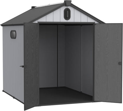  Abri De Jardin Résine 187x240 Cm – Cabanon Rangement Extérieur, Toit-Pointu, Double-paroi, Porte 180° – Pour Outils, Vélos, Tondeuse – Gris/Blanc