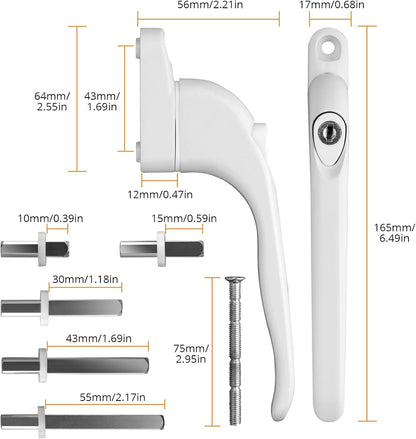  Neoteck Pack Of 10 Universal Lockable Window Handles With Double Glazing, Suitable For All Windows And Balcony Doors, Rod Length 10 Mm, 15 Mm, 30 Mm, 43 Mm, 55 Mm