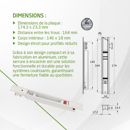  Amig - Recessed Lock For Windows And Sliding Doors In Aluminium - Recessed Hook Lock - Dimensions: 174 X 23 Mm - Colour White - Square Edge - Installation With Screws