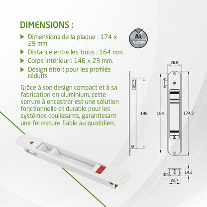  Amig - Serrure à Mortaise Pour Fenêtres Et Portes Coulissantes En Aluminium Mod.3800, Serrure à Crochet Encastrée, Finition Aluminium En Blanc