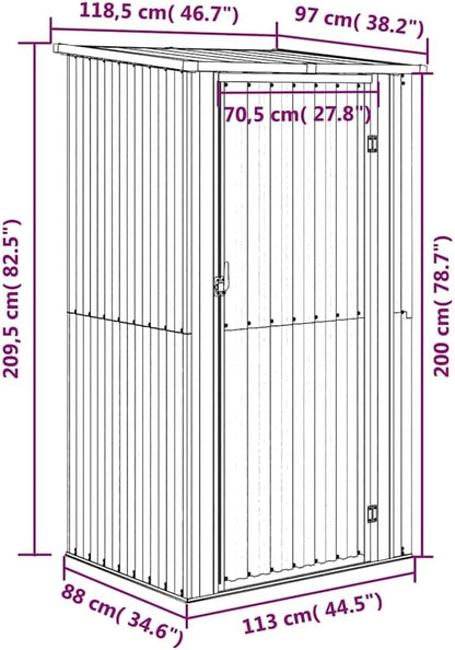  Abri De Jardin Gris 118,5x97x209,5 Cm En Acier Galvanisé, Abri De Rangement Extérieur Avec Toit En Pente Et Porte Verrouillable Pour Outils