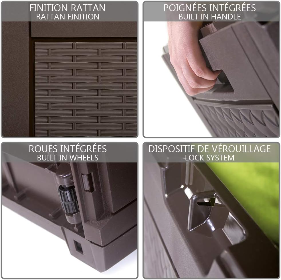  Vounot® Coffre De Rangement Exterieur 310L En PP 119 X 48 X 60 CM Fabriqué En Europe Style Polyrotin Marron