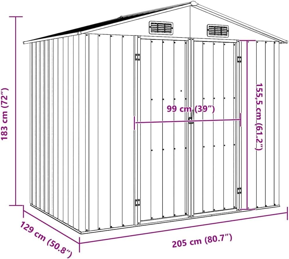  Abri De Jardin Vert En Métal Galvanisé 205x129x183 Cm, Cabanon De Rangement Pour Outils Et Mobilier Extérieur Avec Ventilation Et Portes Doubles