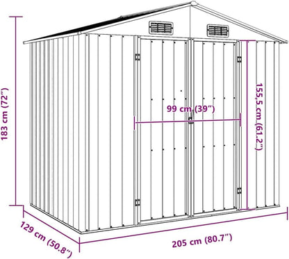  Abri De Jardin Vert En Métal Galvanisé 205x129x183 Cm, Cabanon De Rangement Pour Outils Et Mobilier Extérieur Avec Ventilation Et Portes Doubles