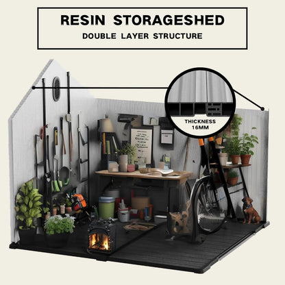  Abri De Jardin Résine 187x240 Cm – Cabanon Rangement Extérieur, Toit-Pointu, Double-paroi, Porte 180° – Pour Outils, Vélos, Tondeuse – Gris/Blanc