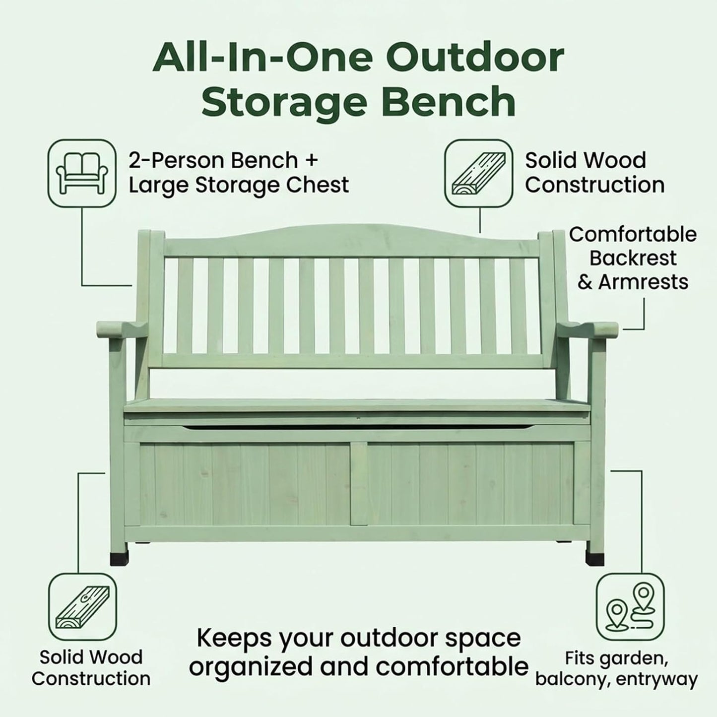  Banc De Rangement Extérieur En Bois D'Épicéa, Coffre De Jardin 2 Places Avec Dossier, Structure Renforcée, Pour Patio, Balcon, Terrasse, Résistant Aux Intempéries(Brown)