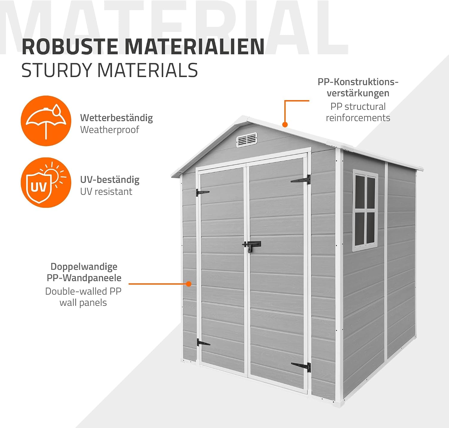  ECD Germany Abri De Jardin Avec Plancher En Résine PP 5m³ Gris Clair, Toit Double Pente, Fenêtre, Porte Double, Ventilation, Cabane De Rangement Extérieur 151x182x220 Cm, Résistant Aux Intempéries