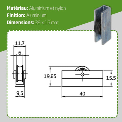  Amig - Roulement Fenêtre Coulissante | Lot De 2 Unités | Taille 39 X 16 Mm | Boîtier Métallique Et Roulement à Billes | Conçu Pour Les Fenêtres Coulissantes | Aluminium