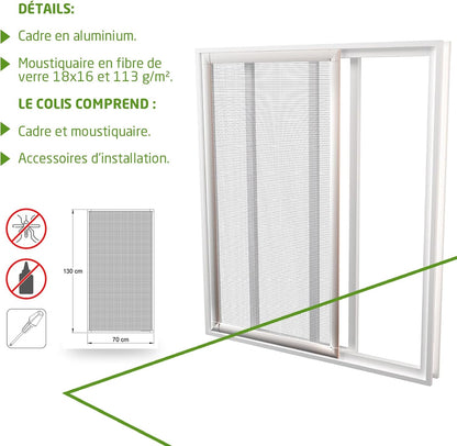  Amig - Sliding Screen For Windows | White Aluminium And Grey Fiberglass Mesh | Adjustable And Cut To Size | Quick Installation On Window Frame | 70 X 130 Cm