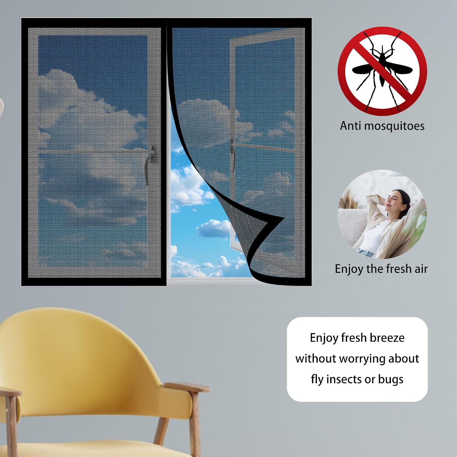  Magnetic Door Or Window Mosquito Net 86 X 113 Cm Self-Adhesive Mesh Curtain With Automatic Closing No Drilling For Corridors Windows Patio, Black