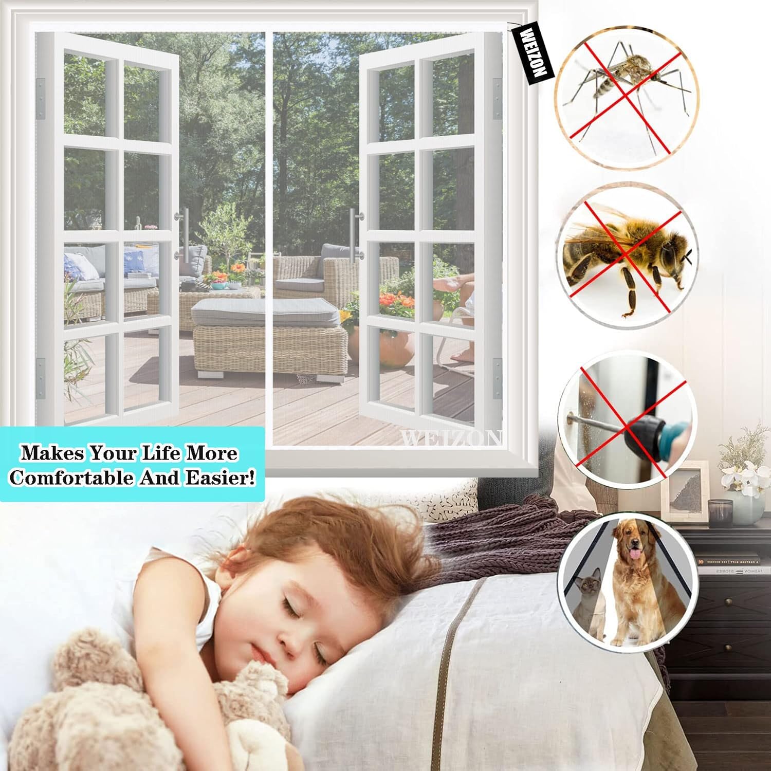 Magnetic Mosquito Net Window, Anti-Insect Window Curtain, White, 120 X 130 Cm, Anti-Fly Curtain, Automatic Closure, Easy Installation Without Tools For Windows, Balcony, Living Room