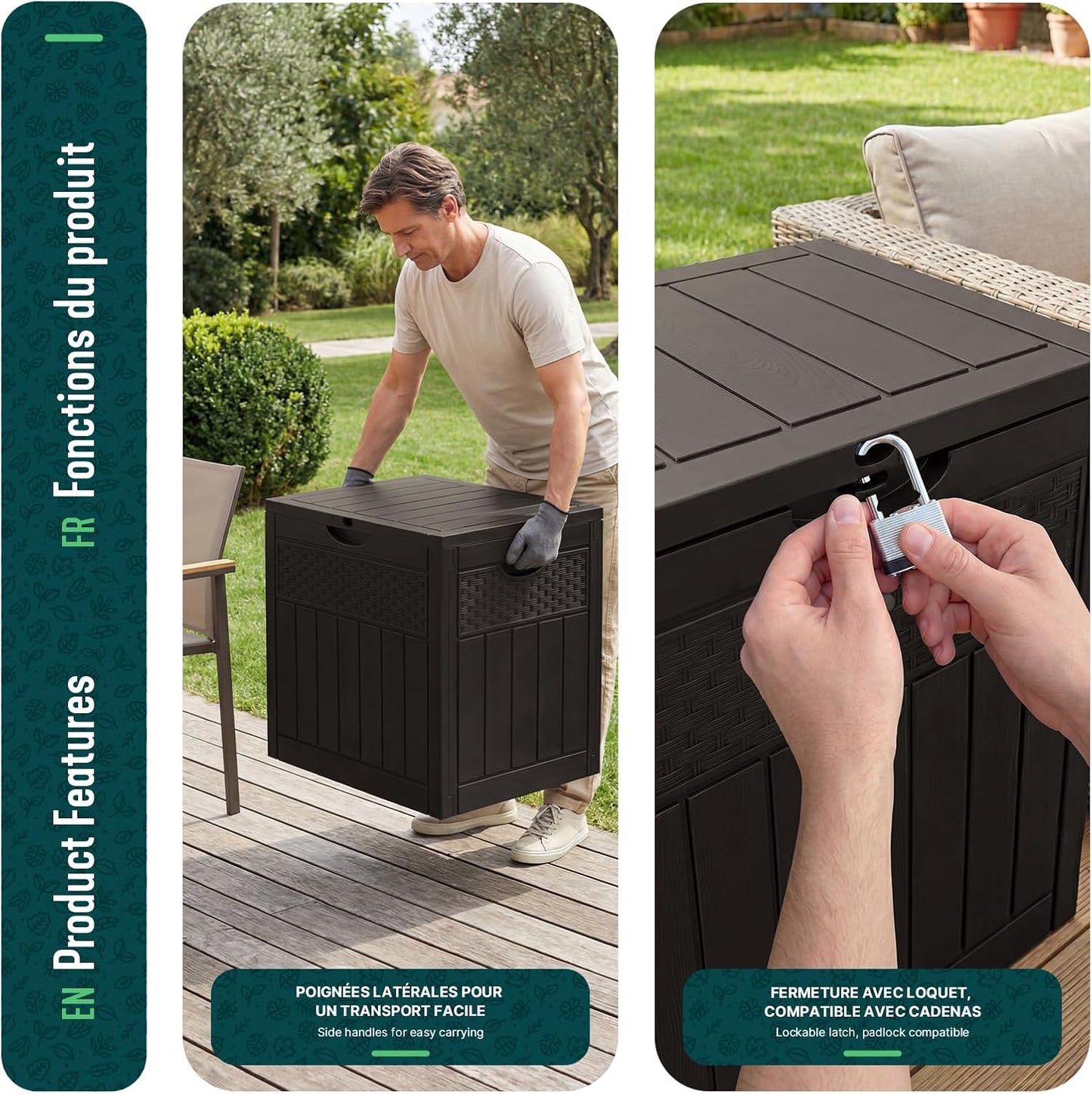  Vounot® Coffre De Rangement Extérieur 126L Boîte De Jardin Étanche Anti UV Couvercle Verrouillable Avec Poignées Encastrées 56 X 43 X 53 Cm Pour Jardin Terrasse Balcon Piscine Effet Polyrotin Marron