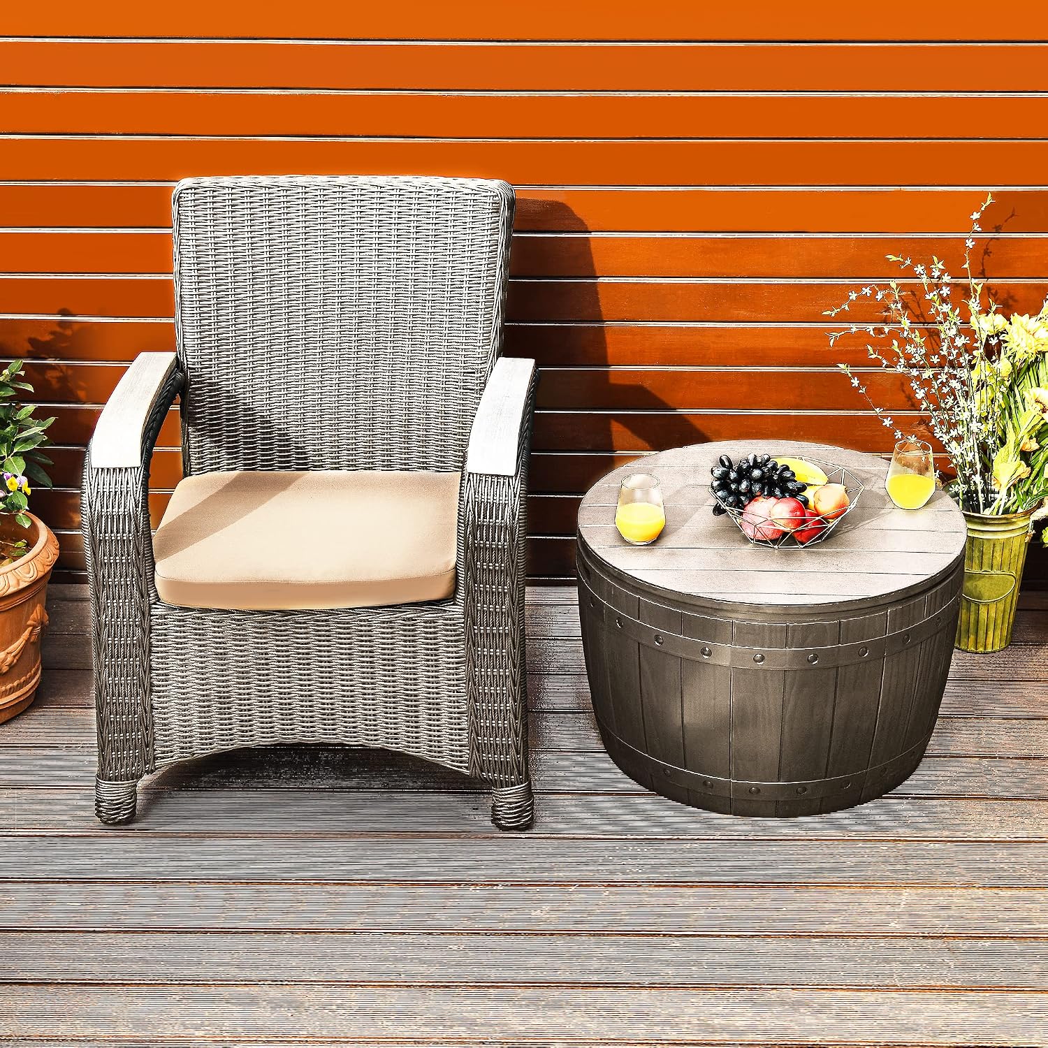  YITAHOME Coffre De Rangement Ronde De 127L, Boîte De Rangement Extérieure Pour Coussin De Table De Patio, Accessoires De Piscine, Résine Imperméable Et Montage Facile Léger, Marron Clair