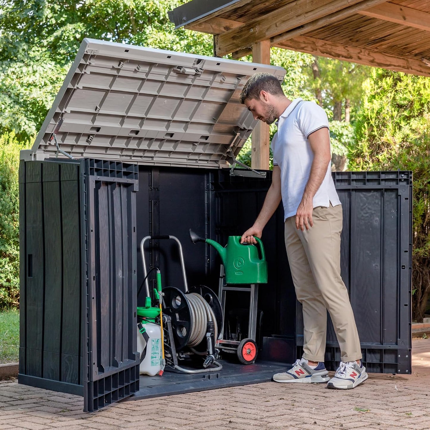  Toomax Stora Way Plus XL Coffre De Rangement Extérieur En Polypropylène Recyclé Avec Effet Bois, Couleur Anthracite/Gris Taupe
