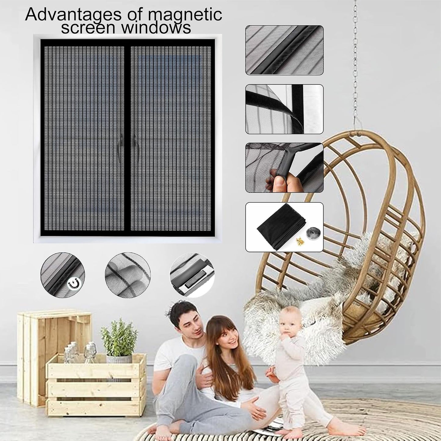  Magnetic Mosquito Net For Windows, 117 X 111 Cm, Magnetic Adsorption For Living Room, Window, Balcony, Black