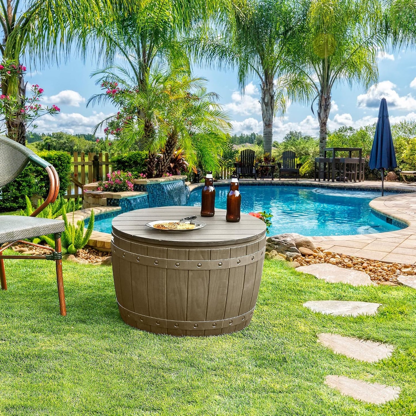  YITAHOME Coffre De Rangement Ronde De 127L, Boîte De Rangement Extérieure Pour Coussin De Table De Patio, Accessoires De Piscine, Résine Imperméable Et Montage Facile Léger, Marron Clair